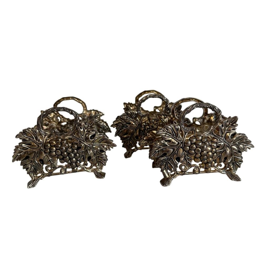 VTG Godinger Silver Art Grapes 3-Piece Set Napkin Holder & Knife Rest Holders